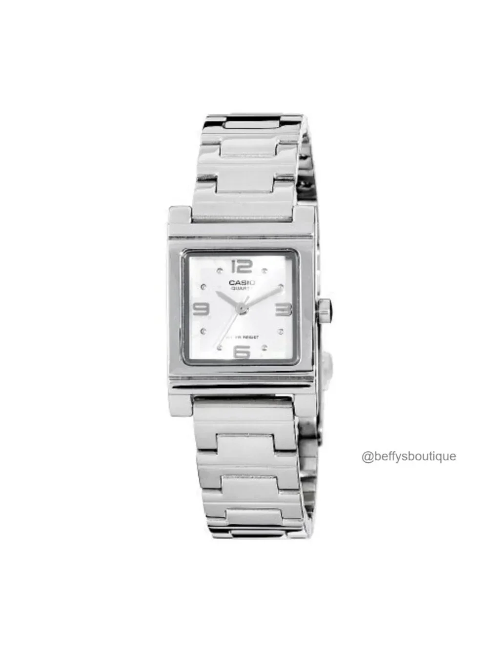 Square Quartz Watch Silver Stainless Steel Bracelet White Dial Fold-Over Clasp